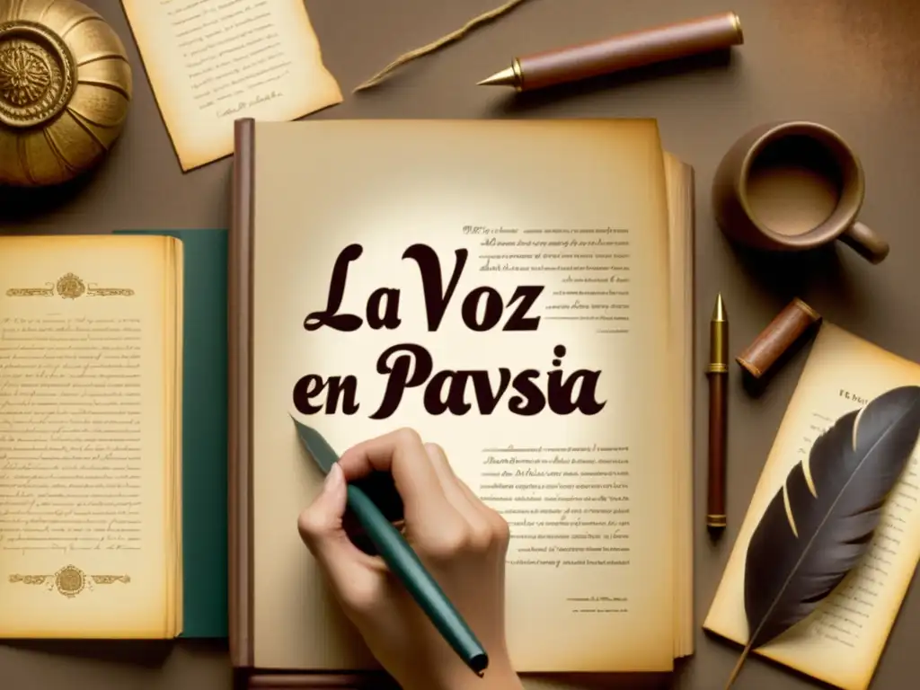 Un académico escribe con una pluma rodeado de libros antiguos y pergaminos, con el título 'Uso estilístico de la voz pasiva en galés' integrado