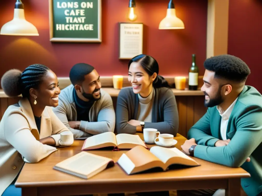 En un acogedor café, un grupo diverso intercambia idiomas, creando una experiencia multicultural llena de calidez y conexión humana