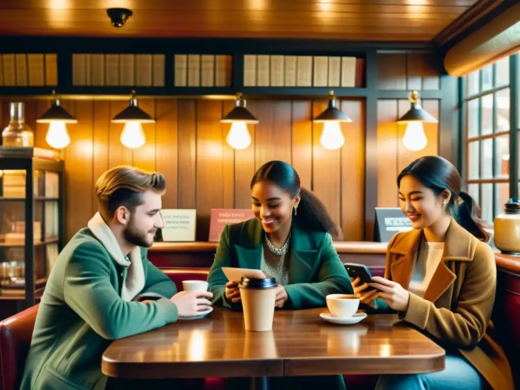 Un acogedor café vintage donde jóvenes usan aplicaciones para aprender idiomas mientras disfrutan de café y conversaciones animadas