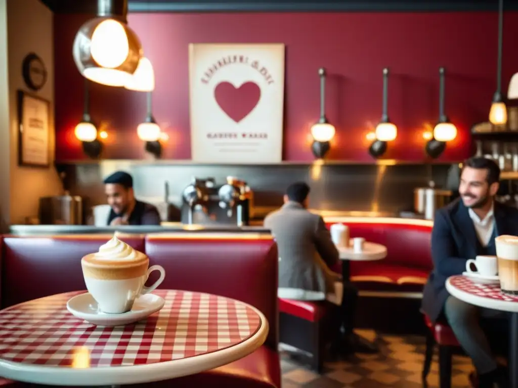 Un acogedor café vintage con mesas redondas cubiertas de manteles a cuadros rojos y blancos