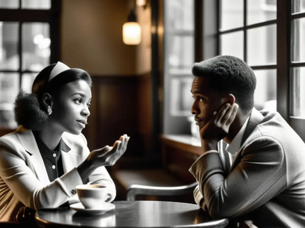 En un acogedor café vintage, dos personas conversan animadamente en lenguaje no verbal