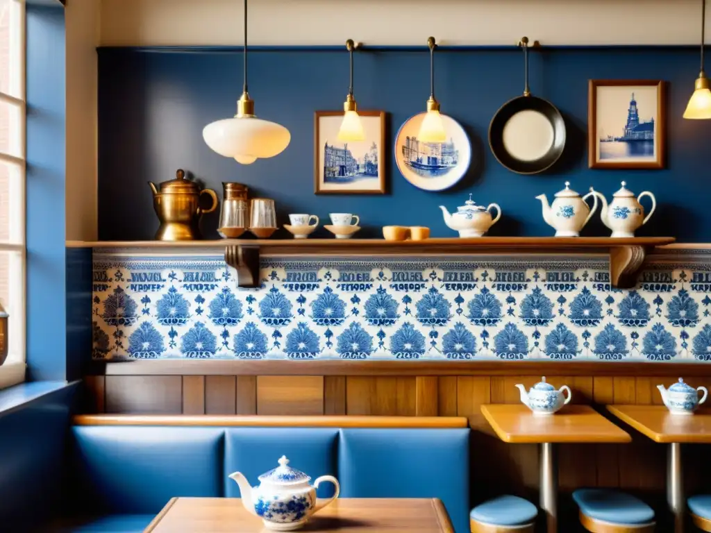 Aprender holandés en Ámsterdam: Acogedor café holandés vintage con ambiente cálido, decorado con antigüedades y patrones Delft blue