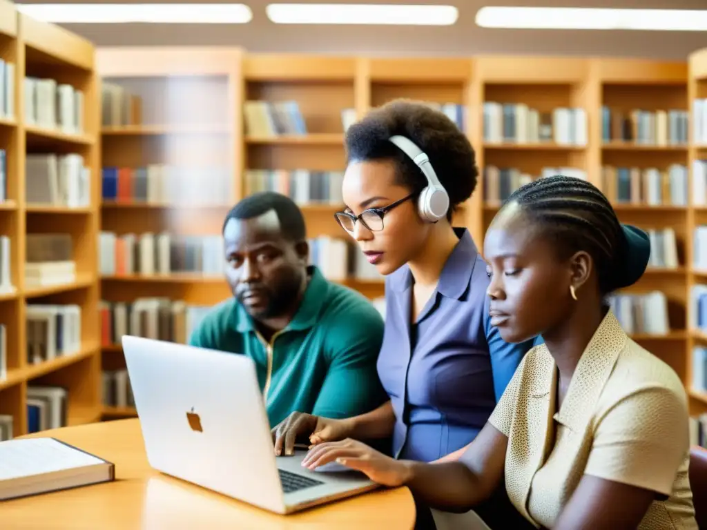 Activistas de conservación de lenguas africanas utilizan herramientas digitales en una moderna biblioteca, preservando tradiciones con pasión