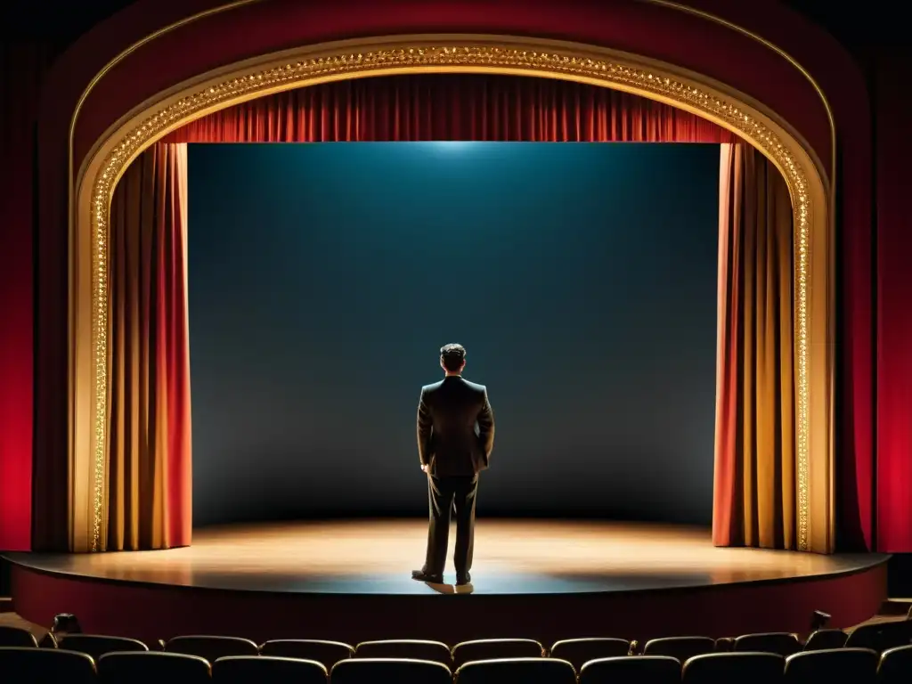 Actor en escenario vintage con un foco iluminando su monólogo, evocando la intensidad teatral y la consultoría lingüística en teatro y cine