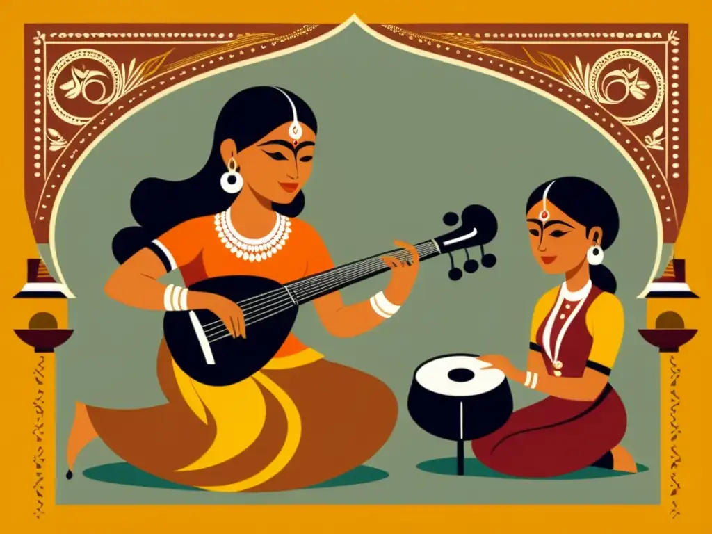 Una ilustración vintage de una actuación musical tradicional india, resaltando la importancia de la entonación en lenguas indo-arias