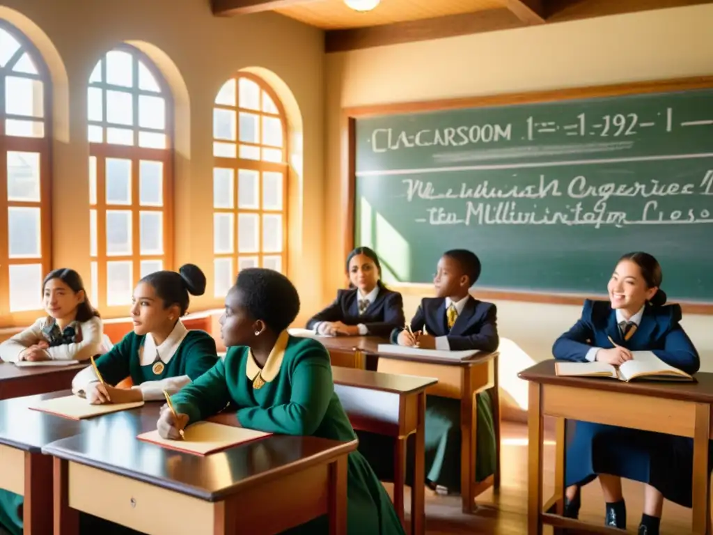 Una alegre clase vintage con estudiantes de diversas culturas participando en una lección multilingüe