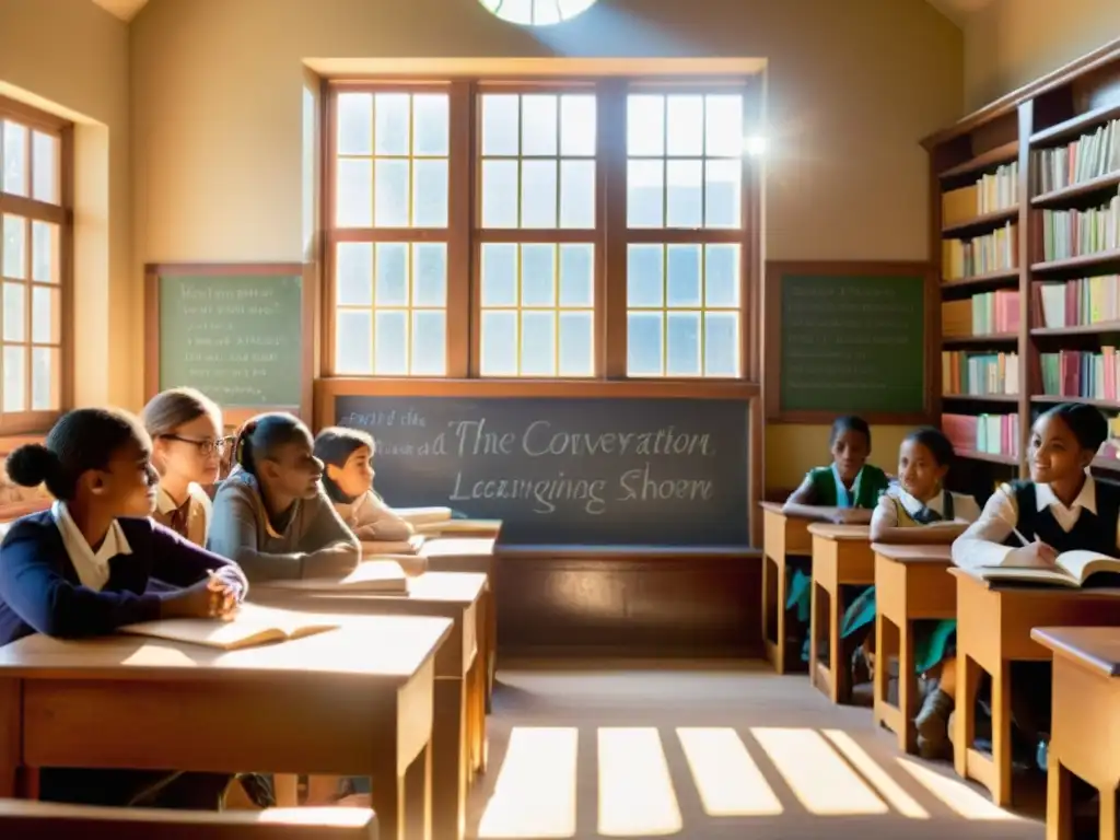 Ambiente acogedor de aula vintage con estudiantes de todas las edades y etnias, preservando idiomas minoritarios en cursos