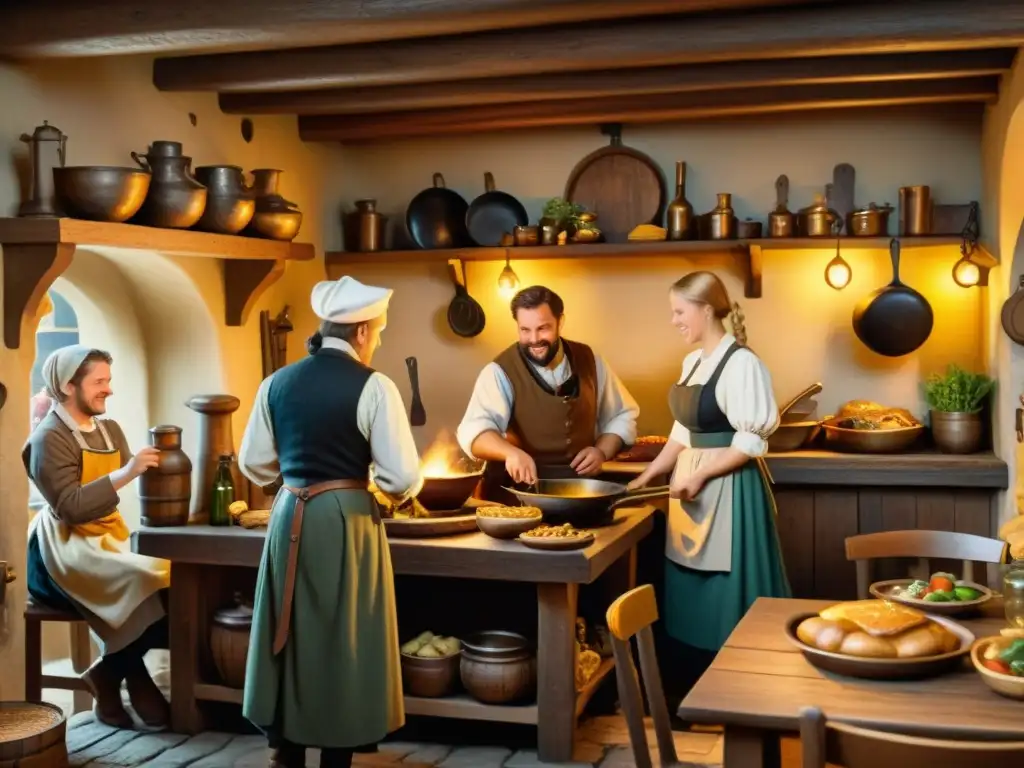 Ambiente acogedor en una bulliciosa cocina medieval alemana con aportes germánicos terminología gastronómica