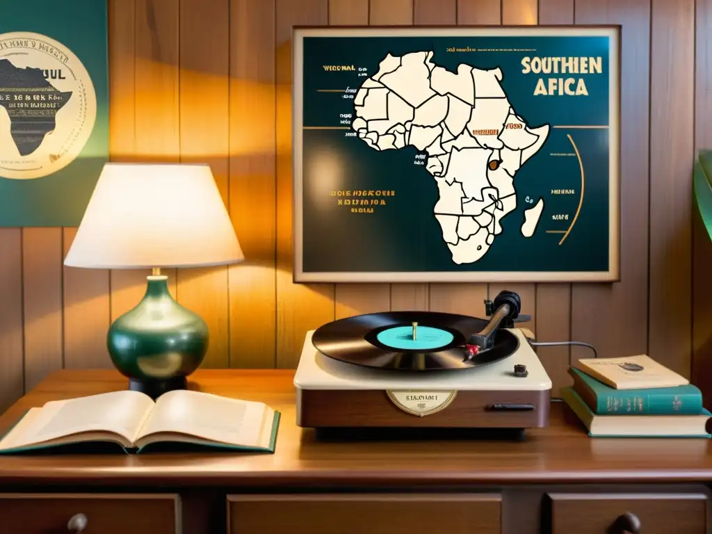 Un ambiente acogedor con un tocadiscos vintage, libros en Xhosa y Zulu y un mapa de África