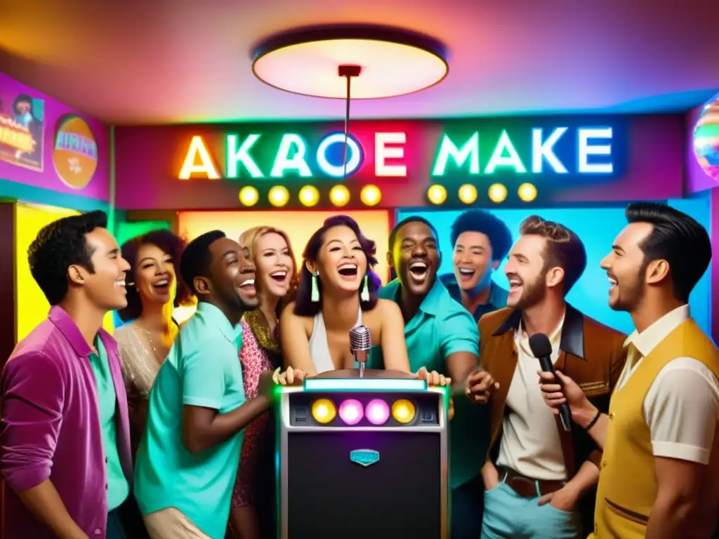 Un ambiente nostálgico y divertido en el que aprender idiomas a través del karaoke, con luces de discoteca, micrófonos y posters retro