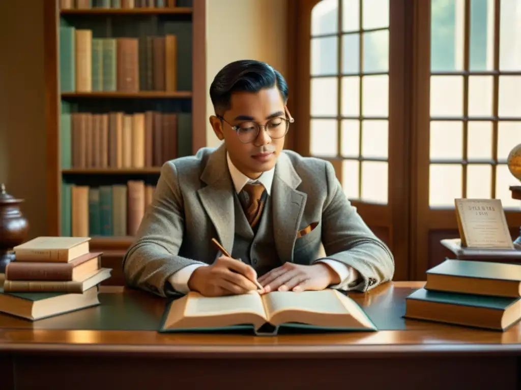 Un ambiente vintage con libros y materiales para el aprendizaje de lenguas, iluminado por luz natural