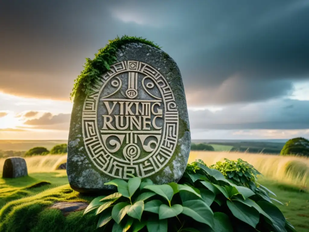 Una ancestral piedra rúnica vikinga, en medio de exuberante vegetación, bañada por la cálida luz del sol poniente