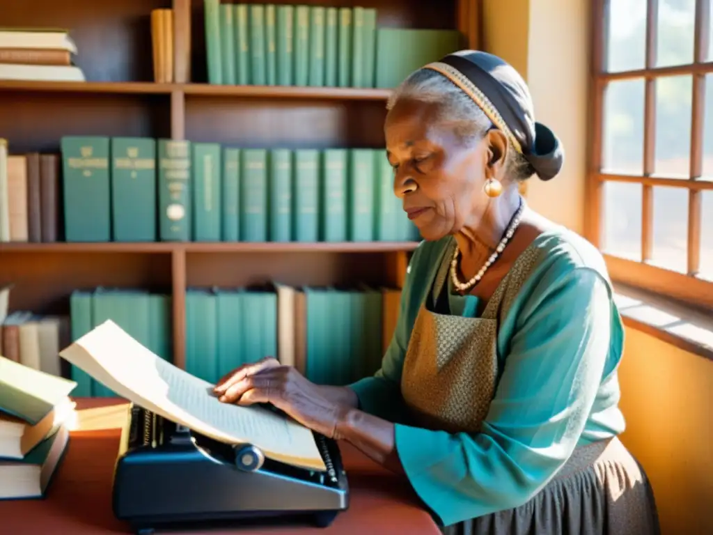 Una anciana africana escribe en su lengua nativa frente a una máquina de escribir, rodeada de libros y artefactos antiguos