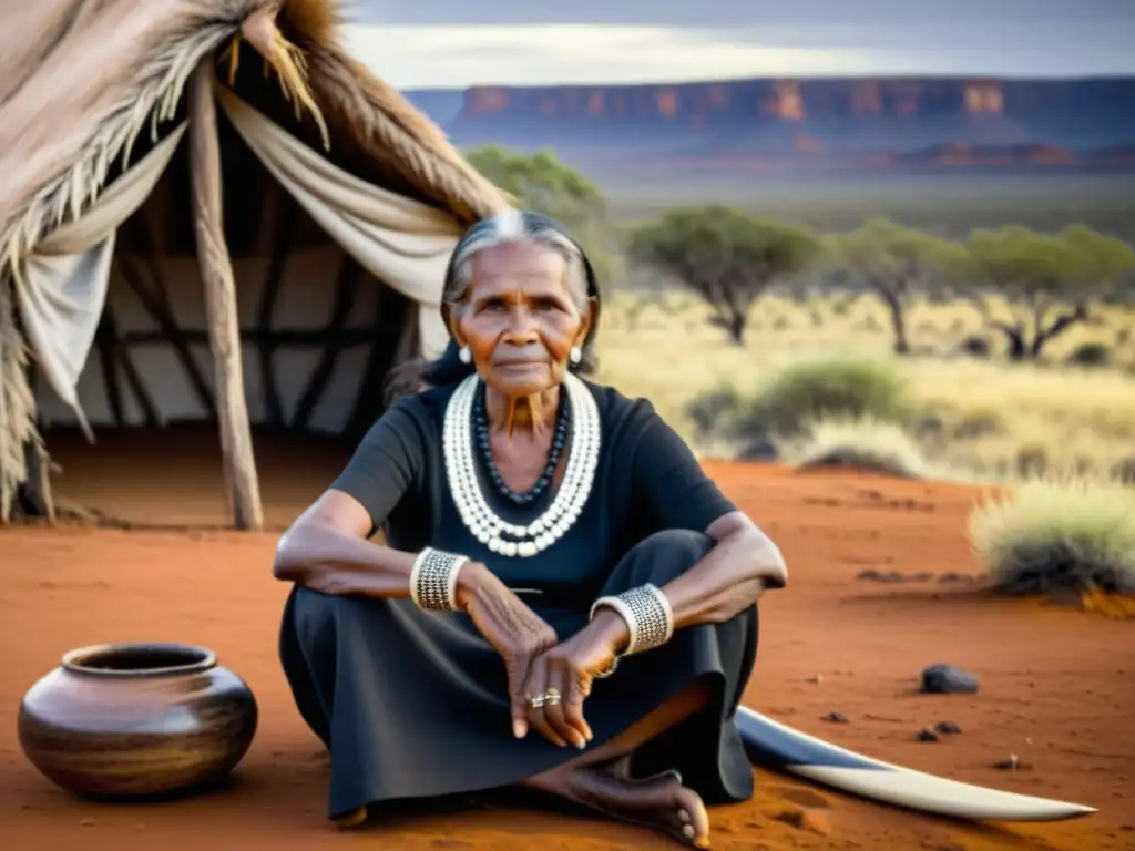 Una anciana Arrernte con joyería artesanal y boomerang, en el desierto australiano