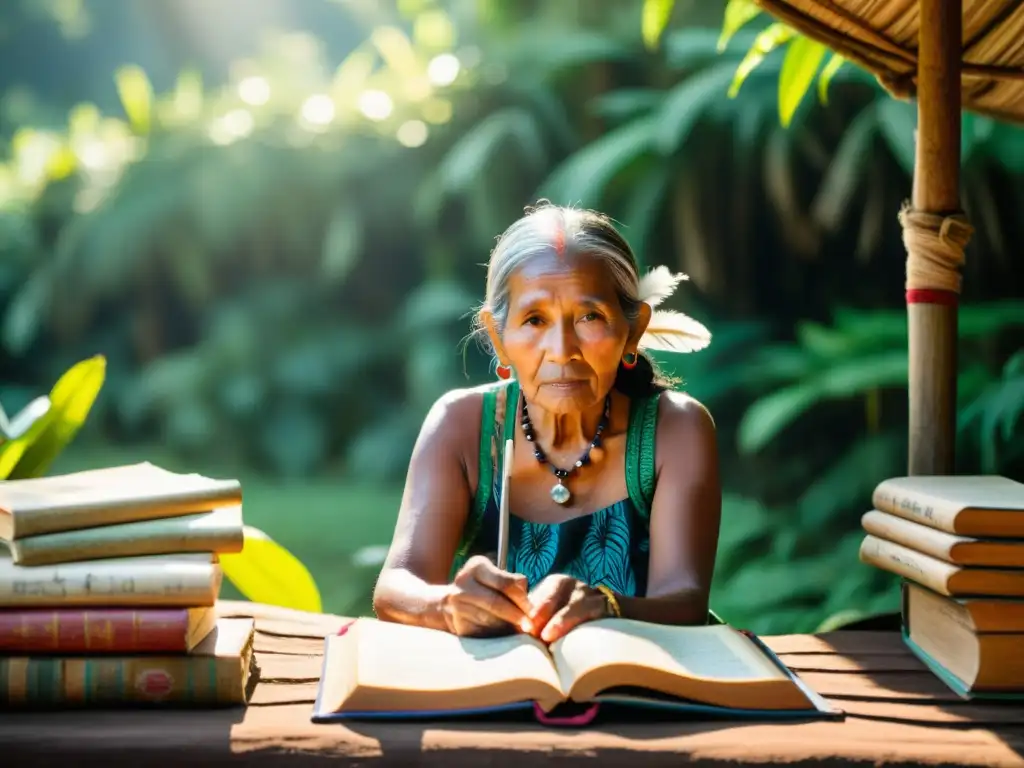 Una anciana de una comunidad indígena rodeada de libros antiguos y niños escuchando, preservando lenguas en peligro