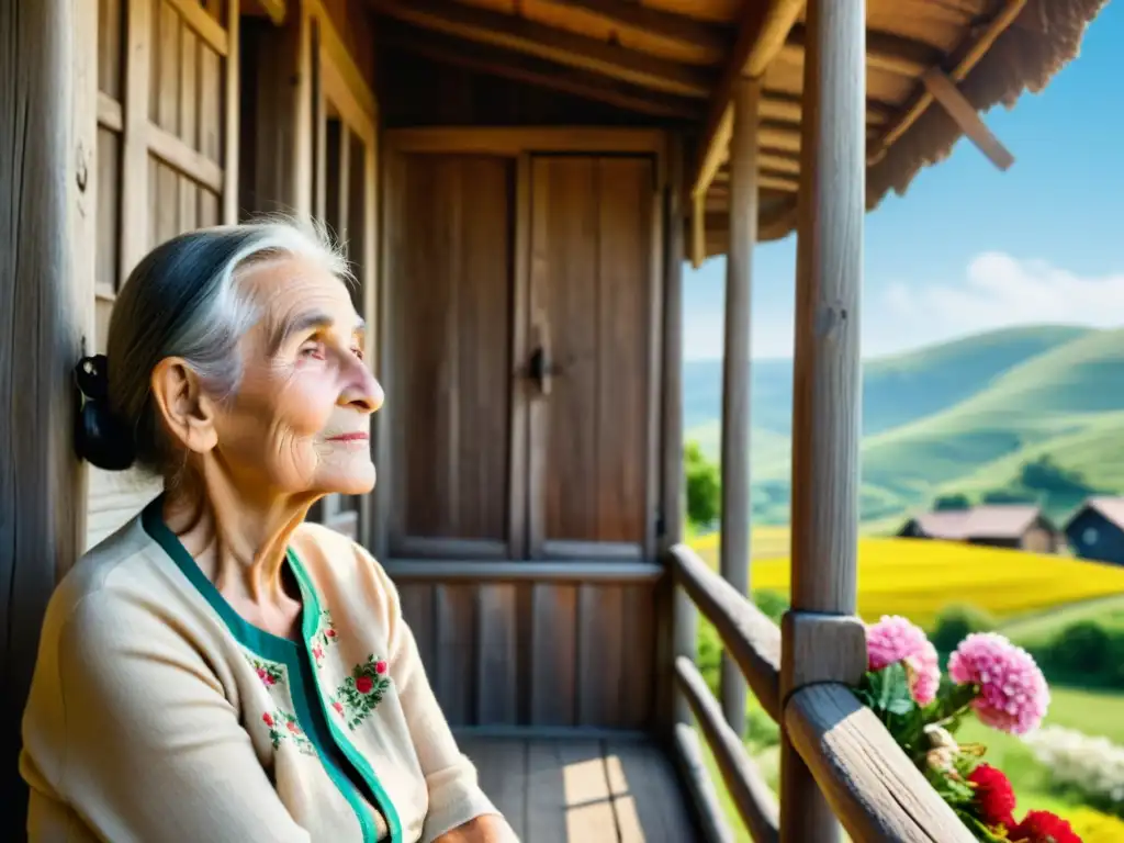 Una anciana contemplativa en un porche rústico, rodeada de flores y montañas, encarna la rica herencia de las fonéticas lenguas romances minoritarias