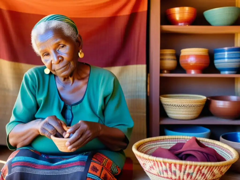 Una anciana con escarificaciones faciales teje un patrón vibrante en un textil africano, resaltando la conservación de dialectos africanos amenazados