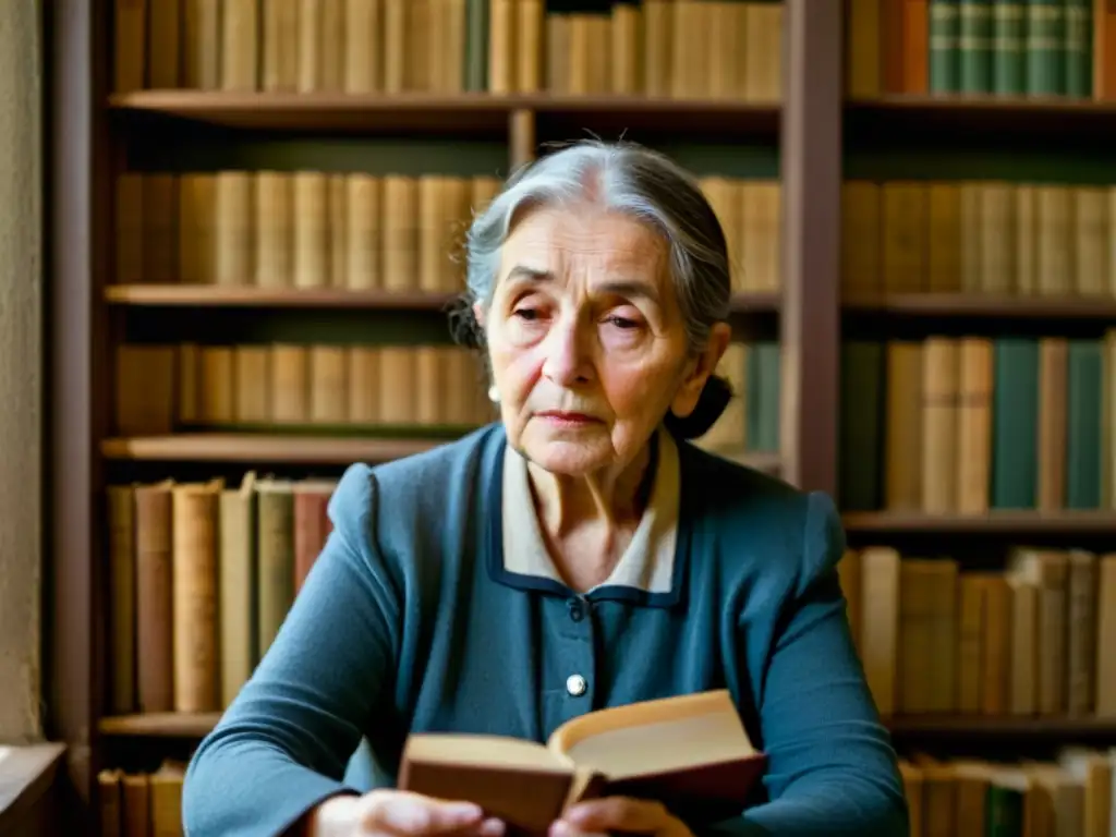 Una anciana en una habitación llena de libros antiguos en idiomas semíticos, evocando la preservación de lenguas semíticas minoritarias