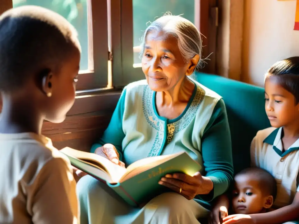 Una anciana comparte su herencia lingüística con niños, resaltando el derecho humano a las lenguas en un ambiente cálido y colorido