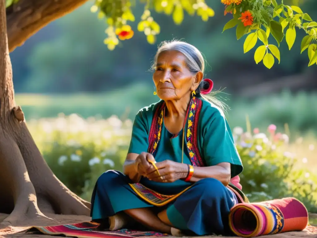 Una anciana indígena tejiendo un bello tapiz bajo un árbol frondoso, rodeada de naturaleza colorida