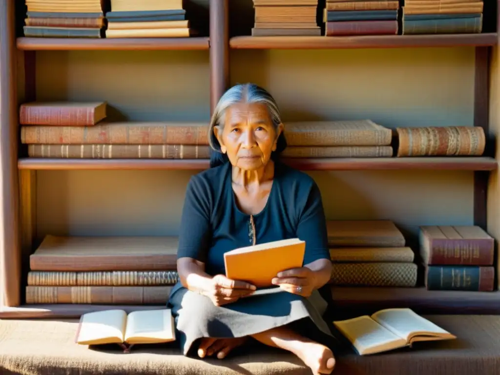 Una anciana indígena sostiene un cuaderno, rodeada de libros y tejidos tradicionales