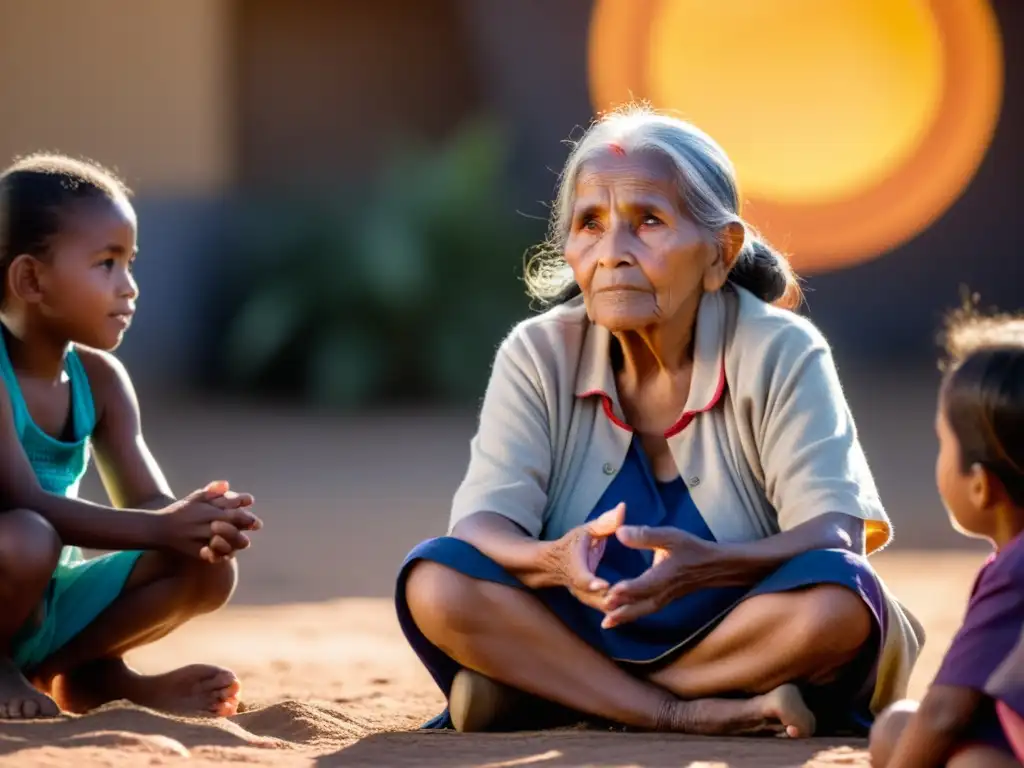 Una anciana indígena cuenta historias a niños, preservando lenguas antiguas en contraste con la modernidad de la ciudad al fondo