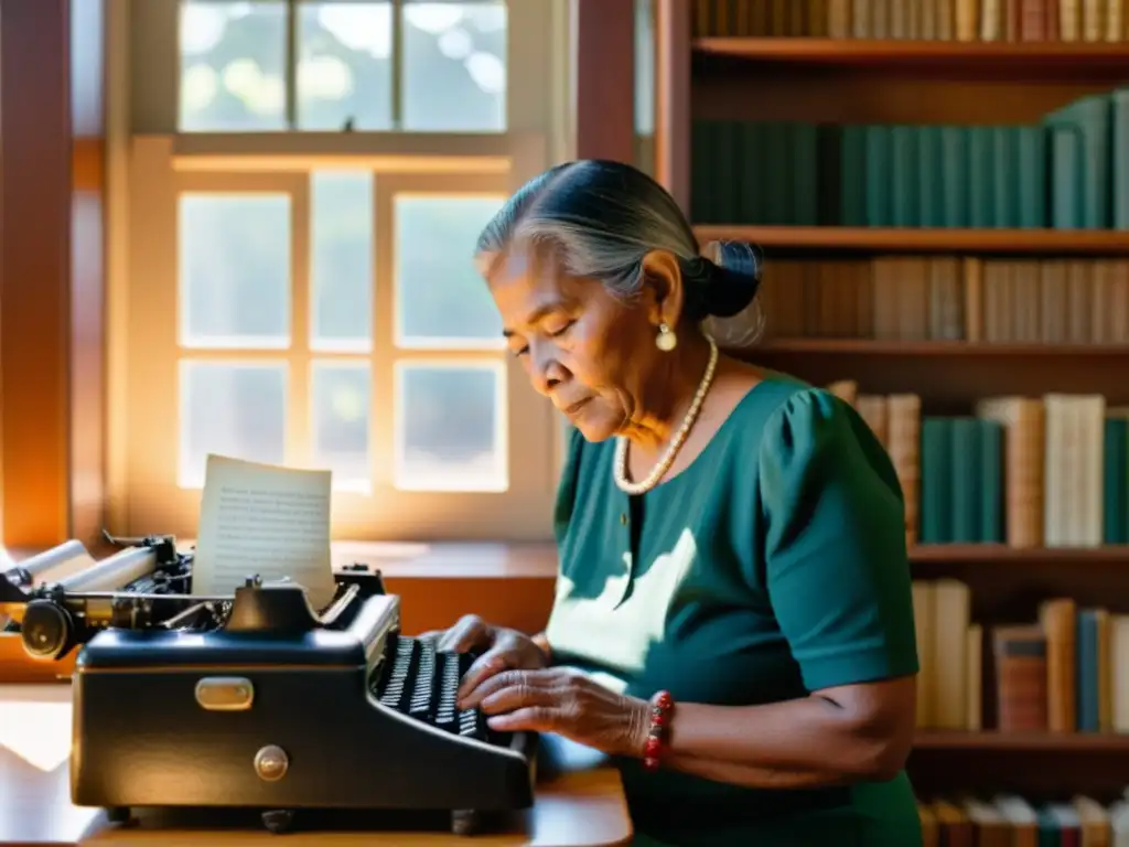 Una anciana indígena escribe en una máquina de escribir frente a estanterías repletas de libros