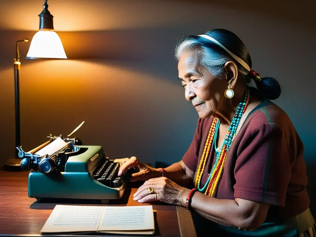 Una anciana indígena escribe en una máquina de escribir, preservando lenguas raíces ancestrales en un ambiente culturalmente rico y acogedor