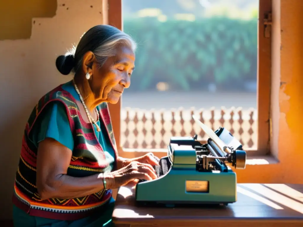 Una anciana indígena escribe en una máquina de escribir, rodeada de símbolos de su cultura