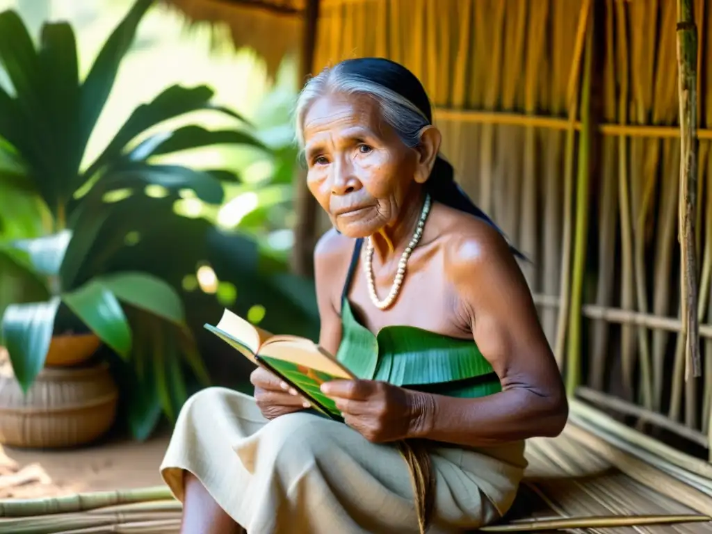 Una anciana indígena amazónica sostiene una novela en lenguas nativas Amazonas en su choza de paja, rodeada de exuberante vegetación