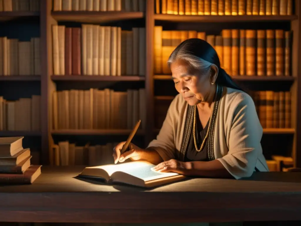 Una anciana indígena rodeada de libros antiguos y tecnología moderna, preservación de lenguas en peligro