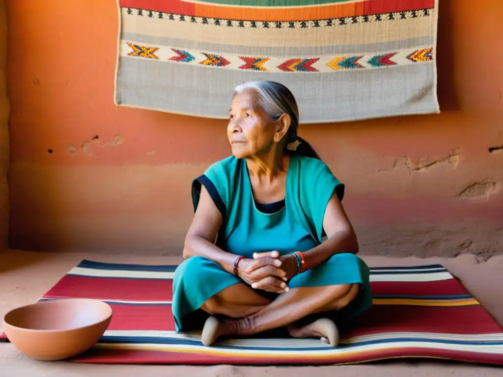 Una anciana indígena rodeada de textiles y cerámica contempla una colorida tela