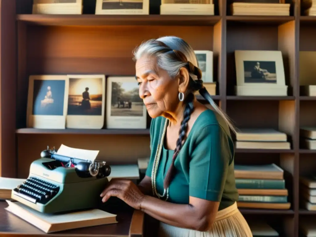 Una anciana indígena escribe en una vieja máquina de escribir rodeada de libros y fotografías, resistencia cultural a la globalización lingüística