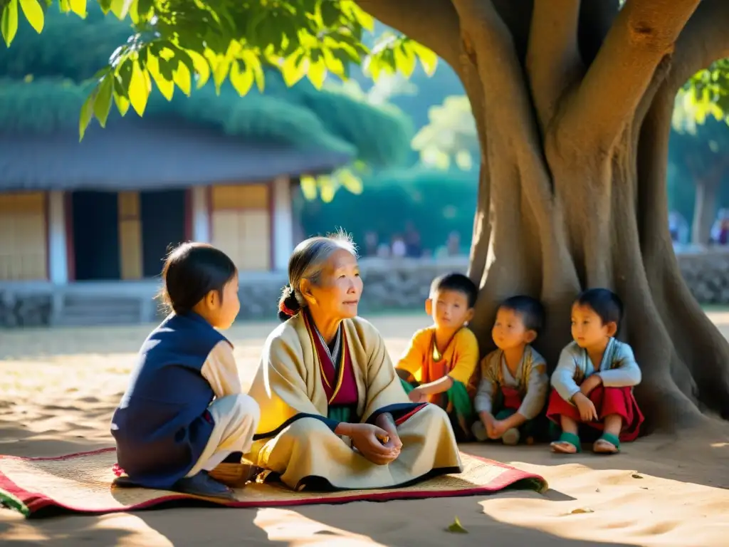 Una anciana jingpo comparte historias bajo un árbol, rodeada de niños