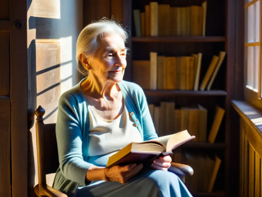 Una anciana lee un libro antiguo en una habitación llena de sabiduría y preservación lingüística lenguas en peligro