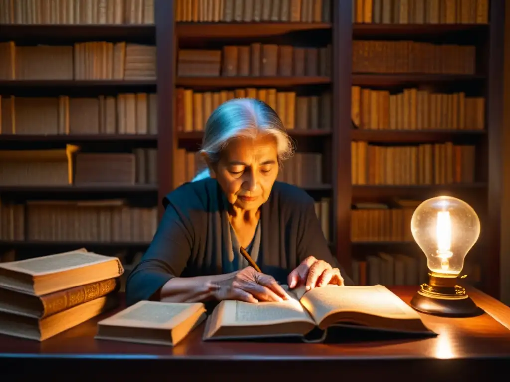 Una anciana con manos arrugadas hojea un antiguo libro de sánscrito en un entorno de estudio, destacando la importancia de los proyectos de recopilación de lenguas IndoArias