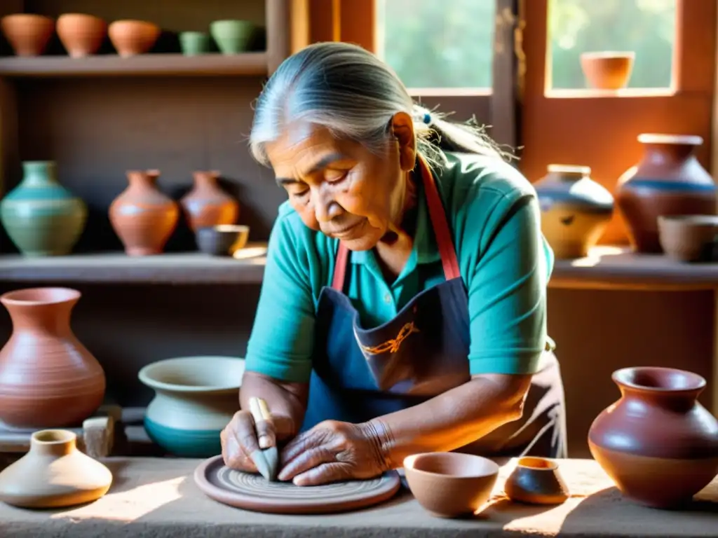 Una anciana con manos curtidas moldea cerámica indígena rodeada de colores vibrantes en un taller antiguo