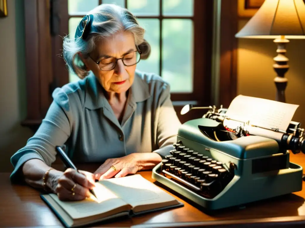 Una anciana escribe con determinación en una máquina de escribir antigua, rodeada de libros y fotografías