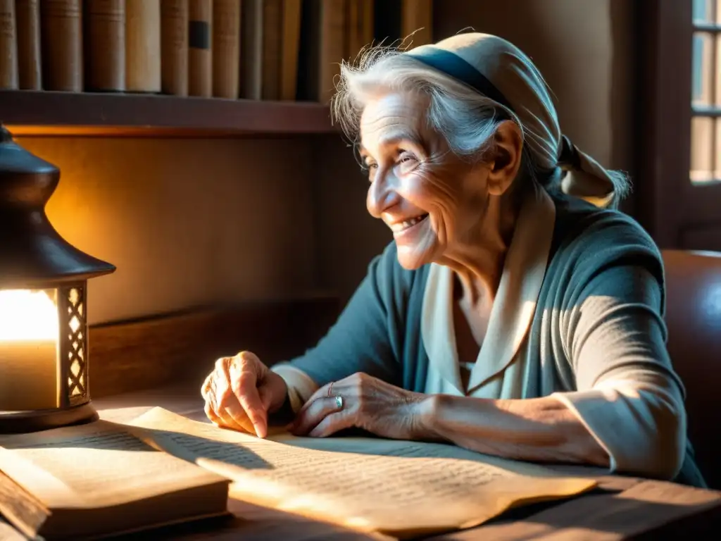 Una anciana rodeada de antiguos pergaminos y libros, preserva lenguas semíticas con tecnología, reflejando determinación en su rostro arrugado