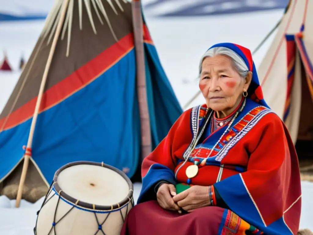 Una anciana Sámi, vestida con traje tradicional, toca un tambor Sámi, rodeada de nieve y un paisaje invernal