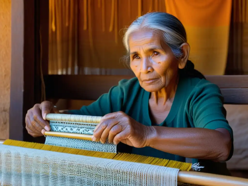 Tejedora Manés preservando la tradición Una anciana tejedora manés preserva la cultura ancestral, revitalizando el idioma
