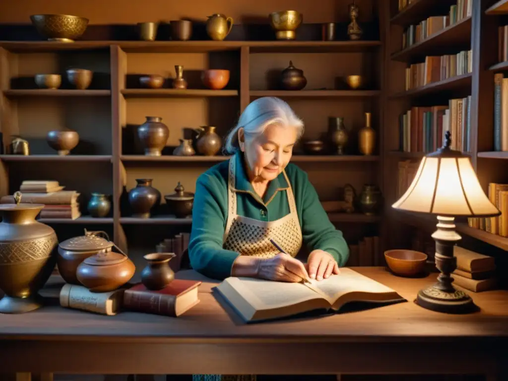 Una anciana preserva la tradición artesanal en un acogedor cuarto con libros antiguos, transmitiendo historia y calidez