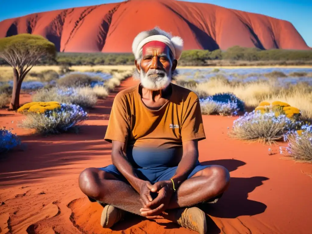 Un anciano aborigen descansa entre flores silvestres en el desierto rojo, con Uluru de fondo