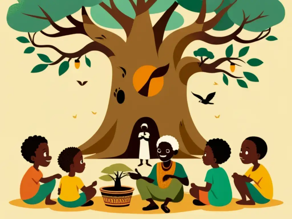 Un anciano africano comparte sabiduría bajo un árbol baobab, rodeado de niños atentos