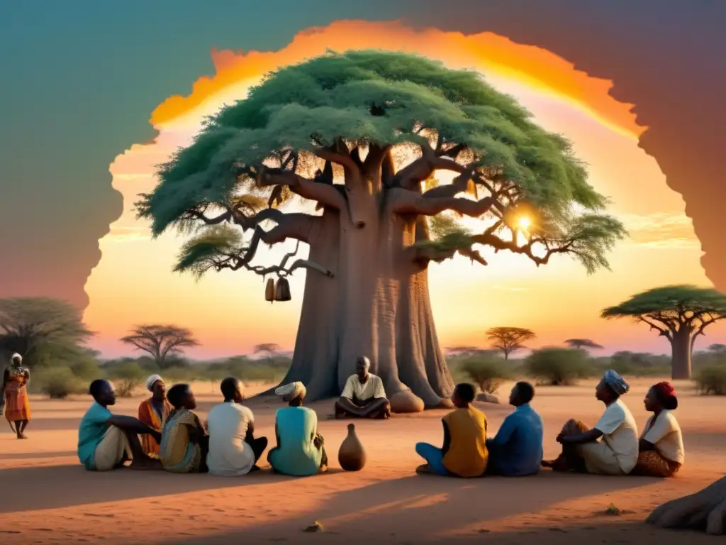 Un anciano africano narra una historia bajo un baobab al atardecer, mientras la gente escucha atentamente