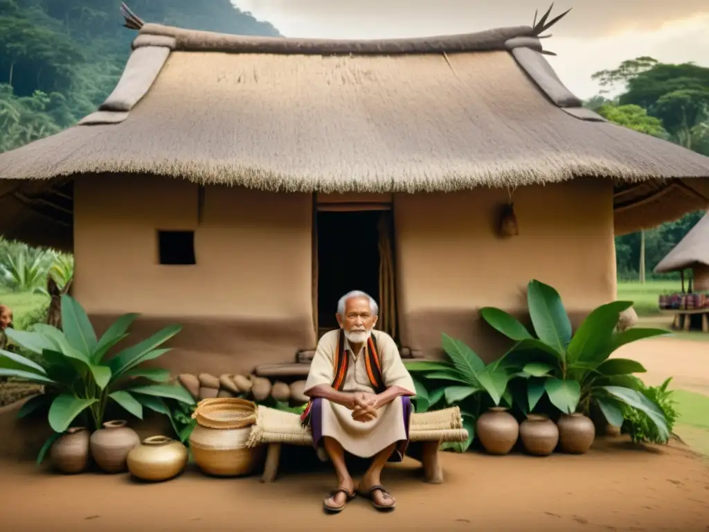 Un anciano Ashaninka con atuendo tradicional frente a su casa de paja, rodeado de exuberante vegetación