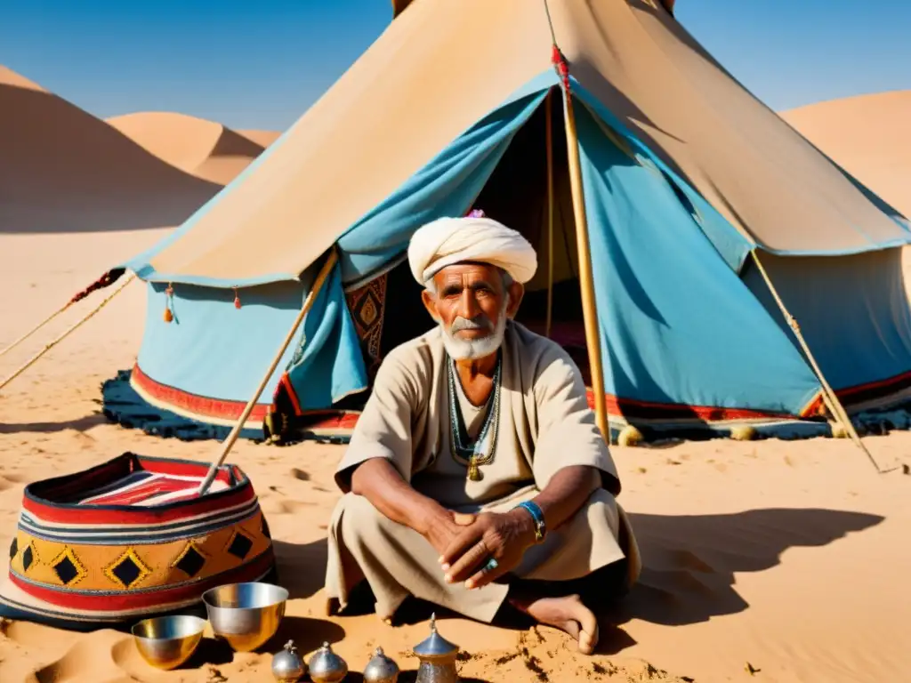 Un anciano beduino descansa frente a su tienda tradicional en un desierto, rodeado de dunas y cielo azul