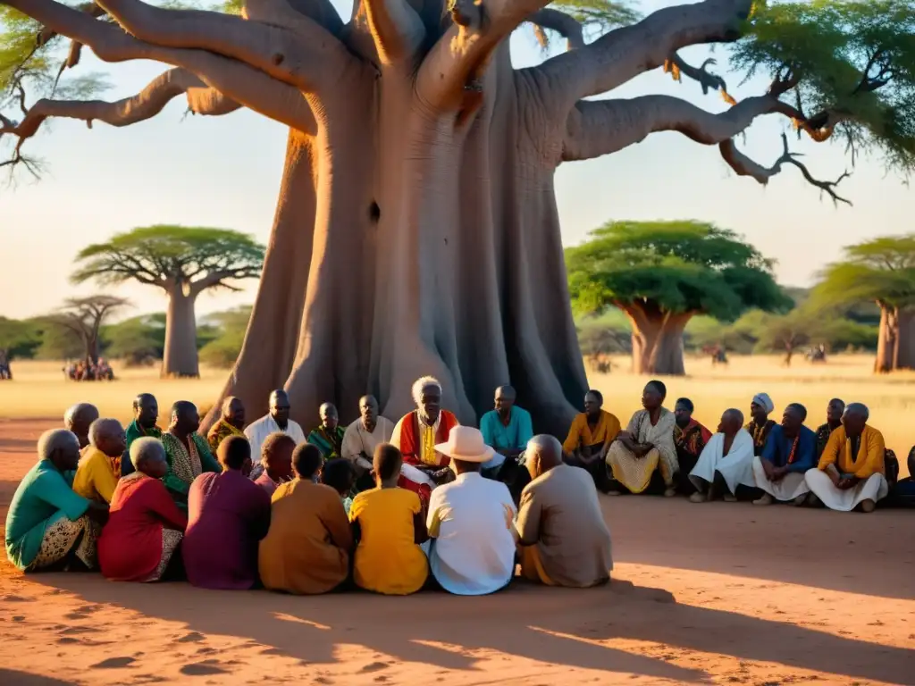 Un anciano cuenta cuentos bajo un baobab, cautivando a su audiencia al atardecer con sabiduría ancestral y vestimenta africana vibrante