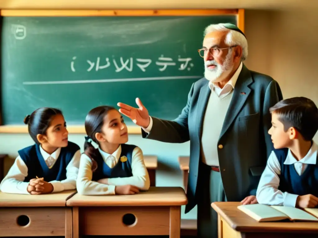 Maestro aragonés enseña con pasión a jóvenes Un anciano enseña apasionadamente el dialecto aragonés a jóvenes estudiantes en un aula tradicional, transmitiendo la importancia de la supervivencia del aragonés dialecto a futuras generaciones