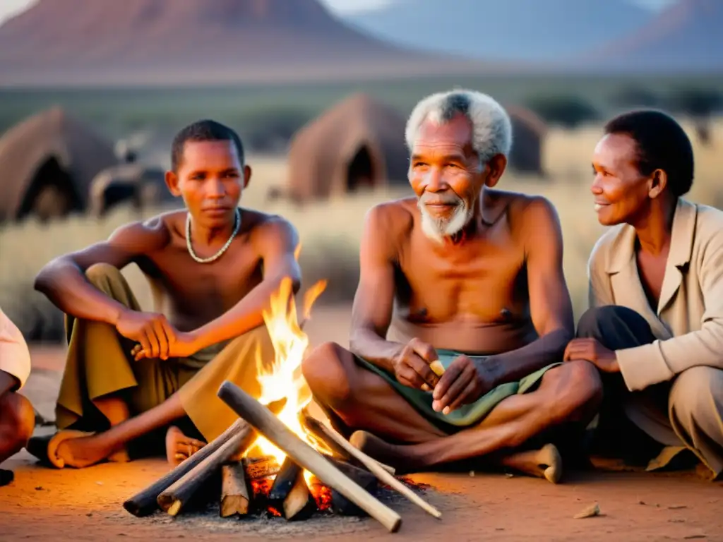 Un anciano khoisan comparte historias junto al fuego al atardecer, rodeado de familiares, creando una atmósfera de legado y tradición cultural, con sonidos únicos lenguas khoisan en la distancia